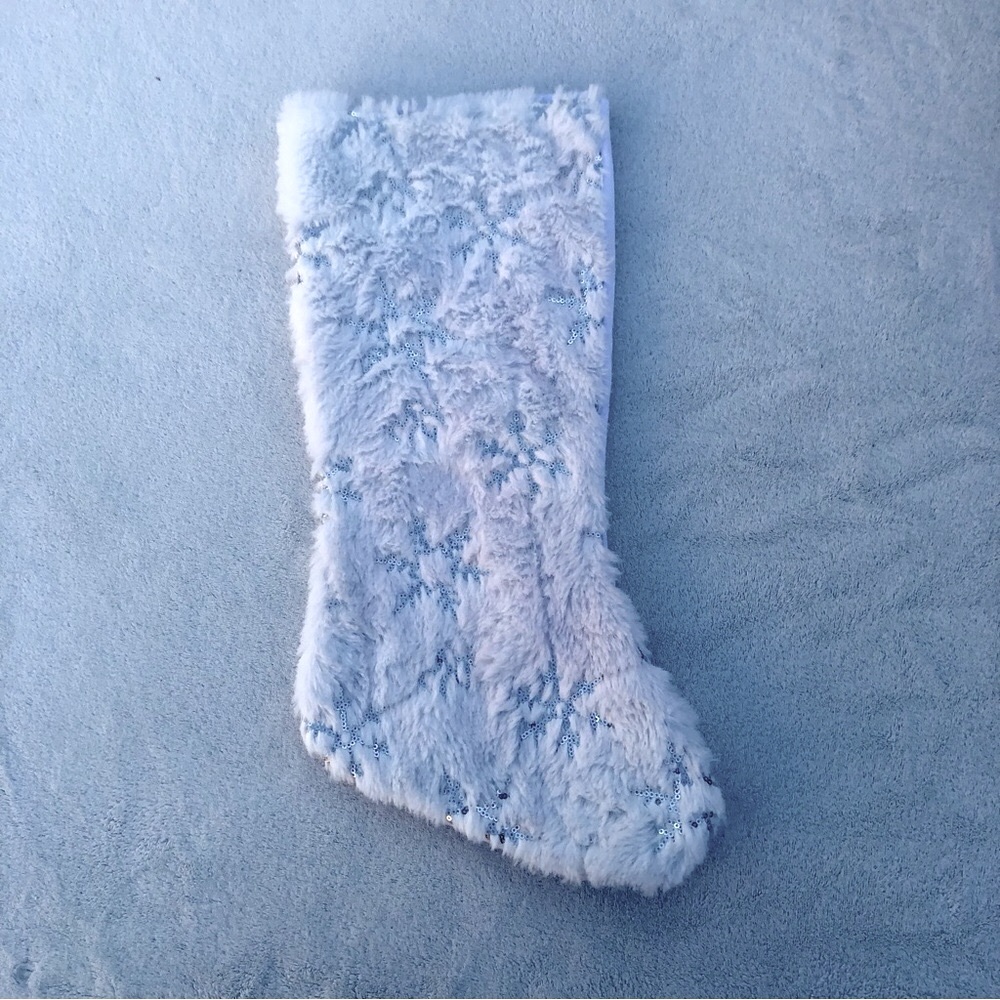 Faux Fur White Christmas Stocking Soft 18” Silver Sequins